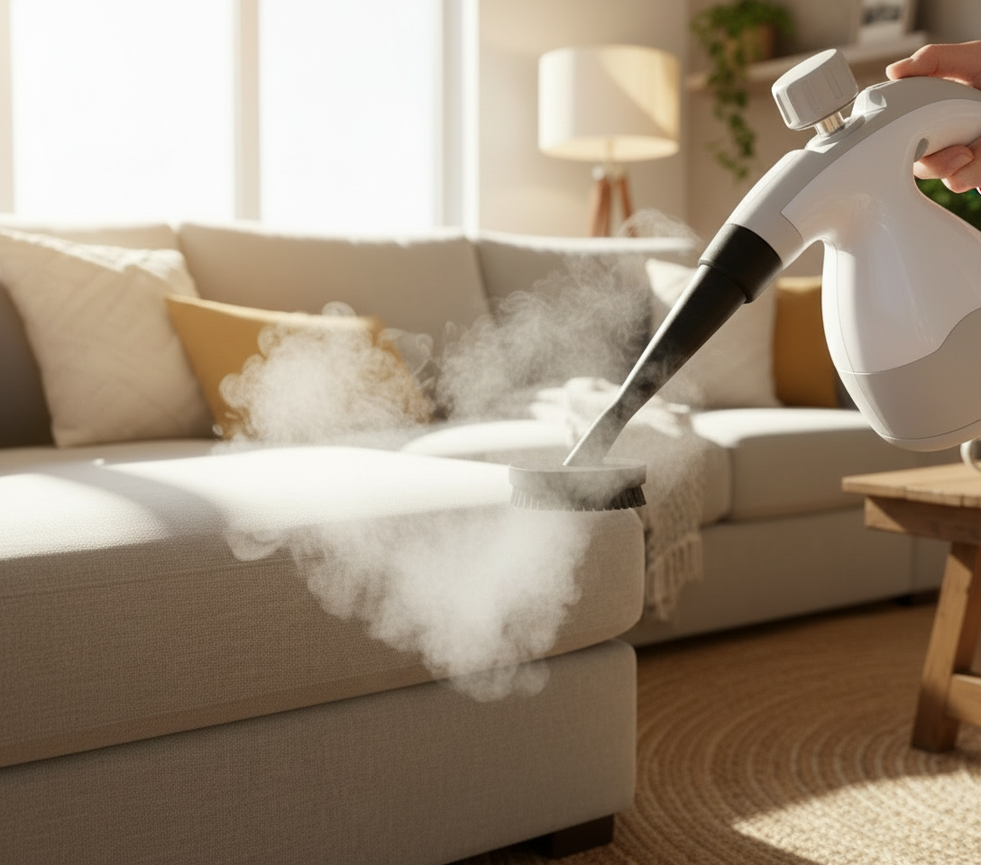 Hand-held Steam Cleaner cleaning lounge, fabric surface